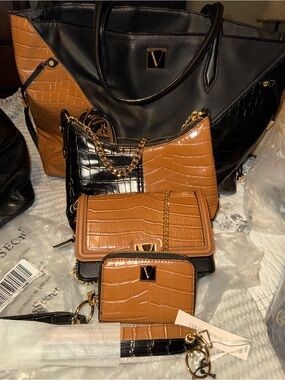 Victoria's Secret Black and Tan Croc-Embossed Tote & Bag Set